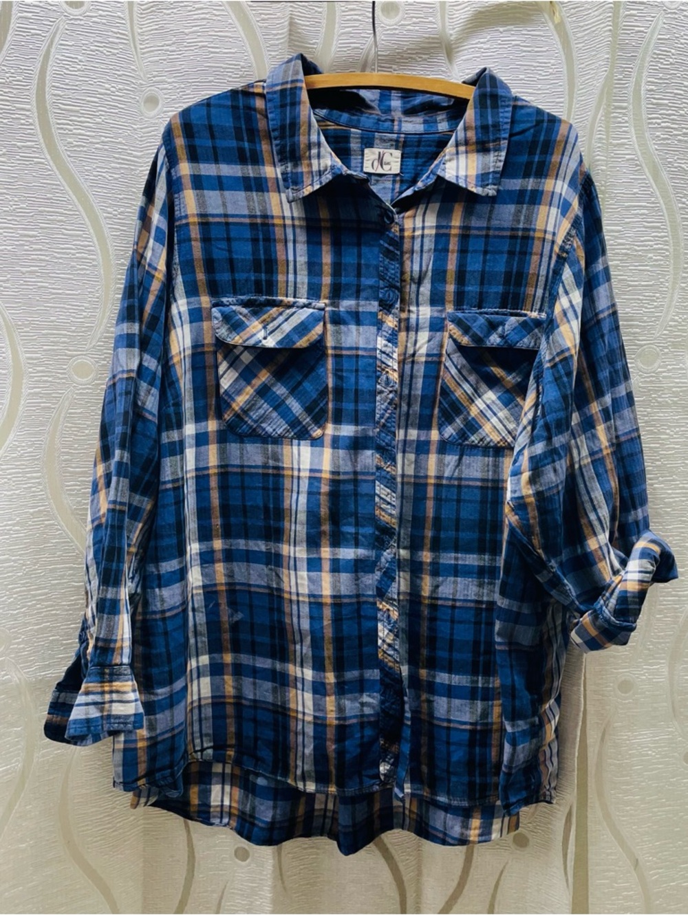 JC Jeans Plaid Button Down Shirt Womens 4X Blue Yellow Cotton Good Flaw